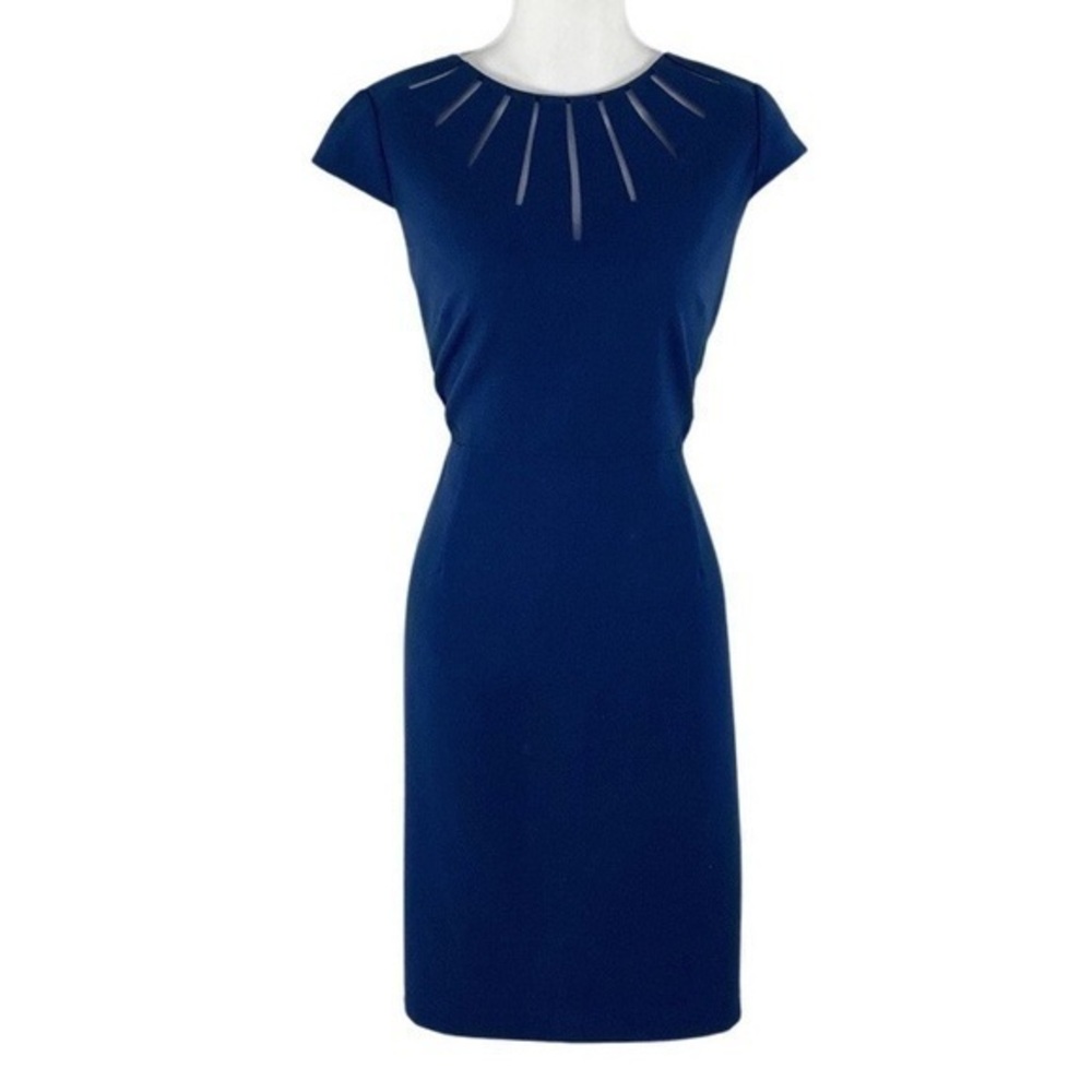 Adrianna Papell navy crepe mesh inset sheath dress